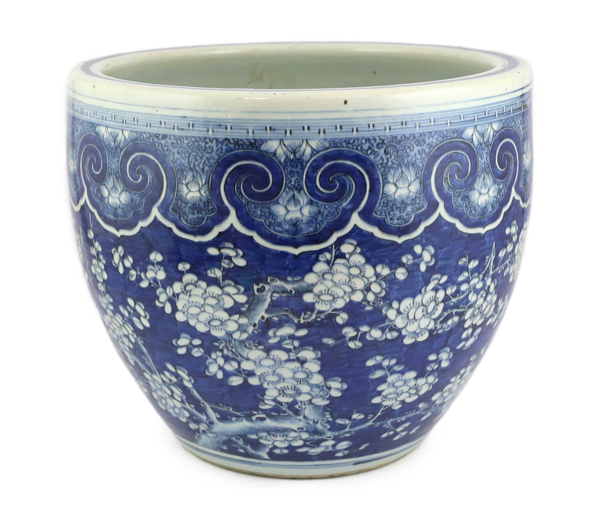 A large Chinese blue and white ‘prunus’ jardiniere, 19th century